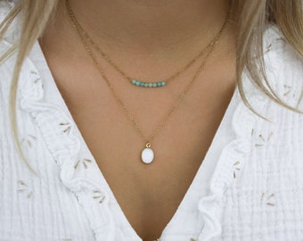 Double row necklace with mother-of-pearl pendant and natural stone beads of your choice, golden stainless steel