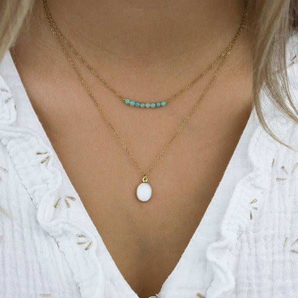 Collier double rang pendentif nacre et perles en pierres naturelles d'amazonite, acier inoxydable doré