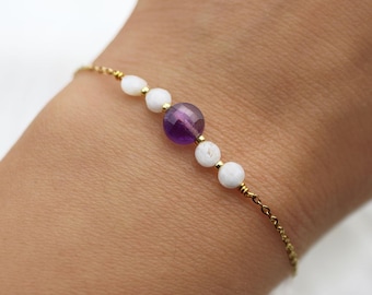 Pulsera de Piedra Luna y Amatista para Mujer Pulsera ajustable de piedra natural en acero inoxidable - Joyería artesanal - Pulsera hecha a mano