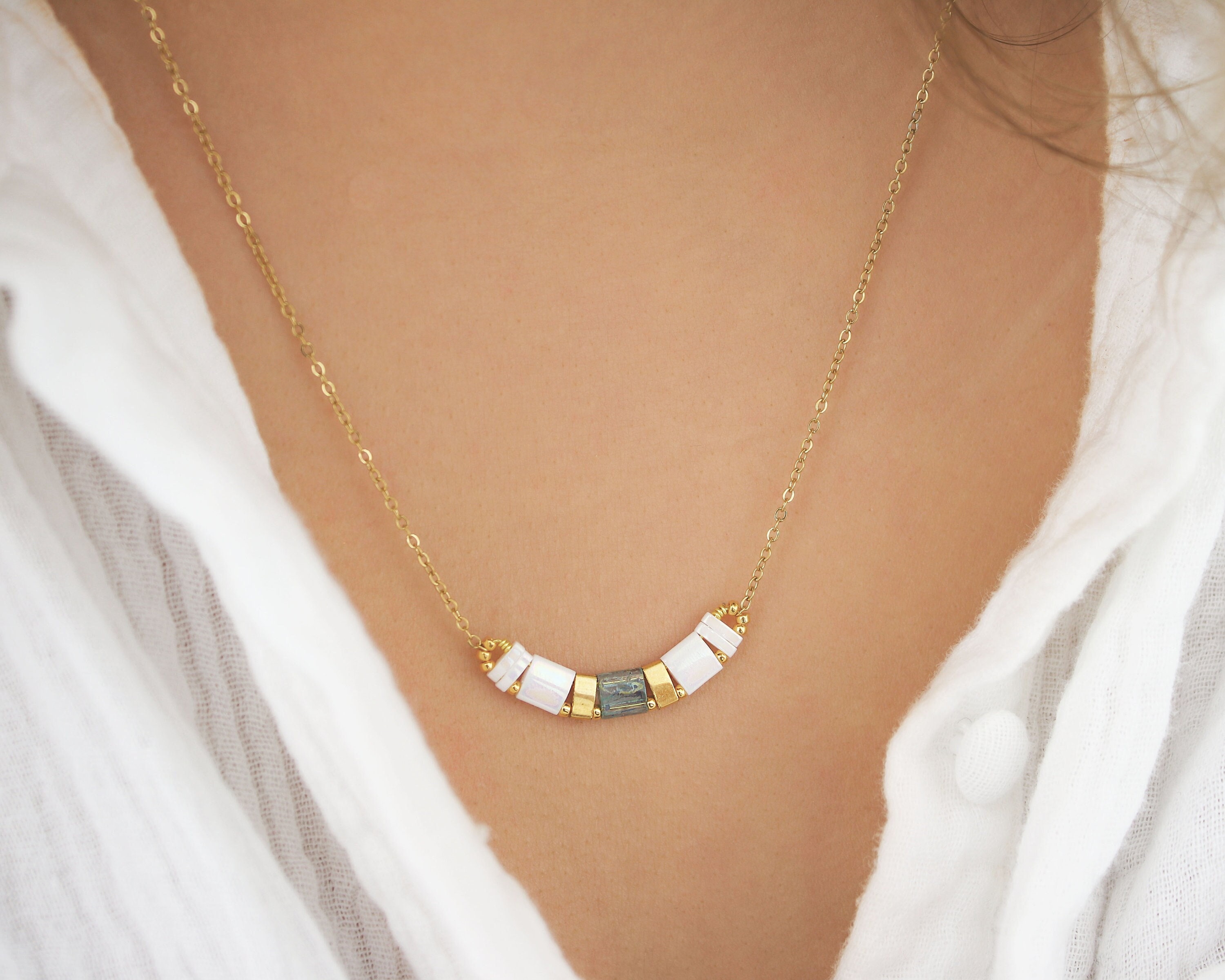 Fine Necklace and Square Beads Miyuki Tila White Gold Blue Red Green Yellow Stainless Steel Chain