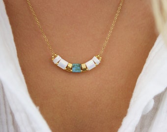 Fine necklace and square beads miyuki tila white, gold, blue, red, green, yellow, stainless steel chain