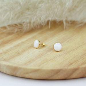 Stud earrings, natural stone mother-of-pearl chips gilded with fine gold