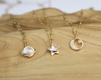 Saturn planet necklace, Star necklace, moon necklace with mother of pearl stone, gold necklace, beaded chain