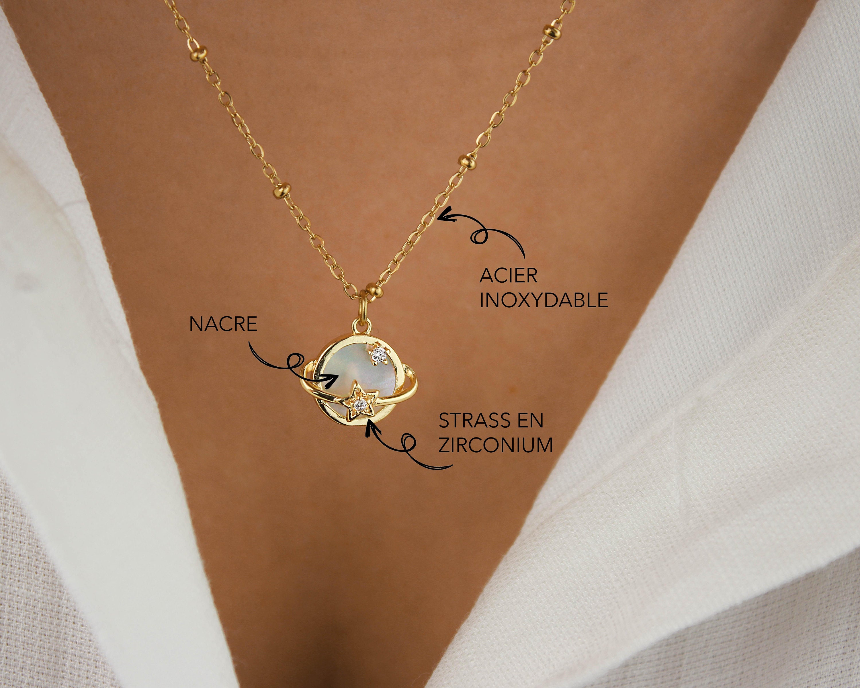 Saturn Planet Necklace, Celestial Necklace With Mother of Pearl