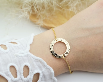Bracelet femme anneau martelé doré à l'or fin, bracelet cadeau femme cercle, bracelet doré, bracelet doré chaine fine, cadeau femme