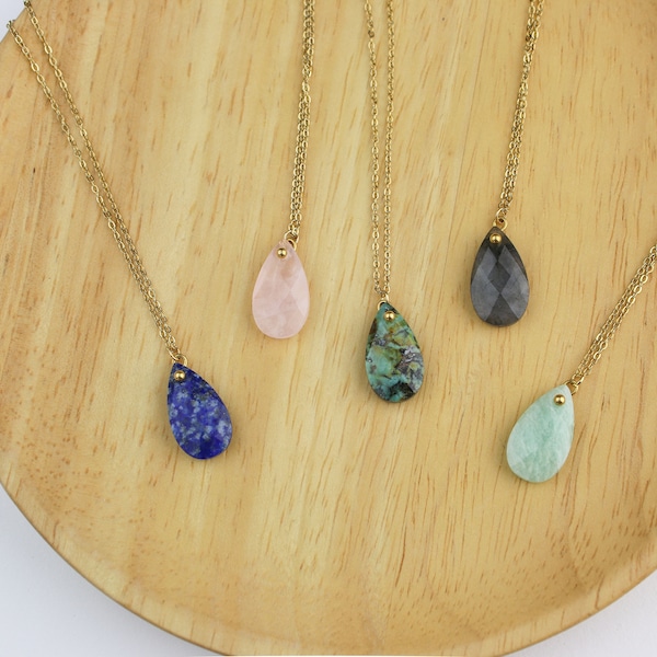 Natural stone pendant necklace, amazonite stone necklace, african turquoise stone necklace, labradorite stone necklace, fine chaine Hallo,