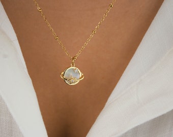 Saturn planet necklace, Celestial Necklace with mother of pearl stone, gold necklace, beaded chain