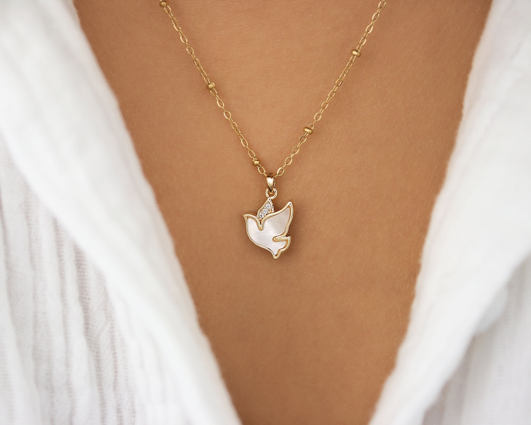 Bird Dove Necklace, Necklace With Mother of Pearl and Zirconium