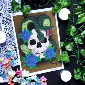May include: A skull with a green snake wrapped around it. The snake has red eyes and a forked tongue. The skull has a brown background with pink and blue flowers.