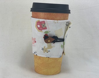 Handmade Reusable Farm Coffee Cozy, Coffee Sleeve, Brown Chicken Button, Coffee Lover’s Country Gift