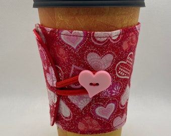 Handmade Reusable Valentine Cozy, Coffee Sleeve, Coordinating Pink Heart Button, Valentine’s Gift