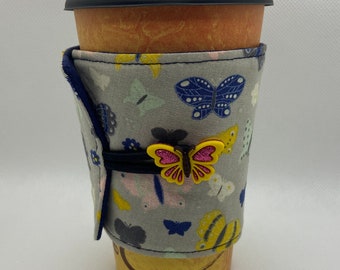 Handmade Reusable Butterly Cozy, Coffee Sleeve, Coordinating Yellow and Pink Button, Mother’s Day gift for mom