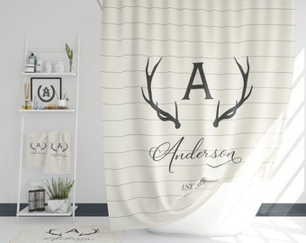 Personalized Bathroom Decor Set | Monogrammed Striped Deer Horns Shower Curtain, Bath Mat, Towels | Custom Initials Farmhouse Bath Decor