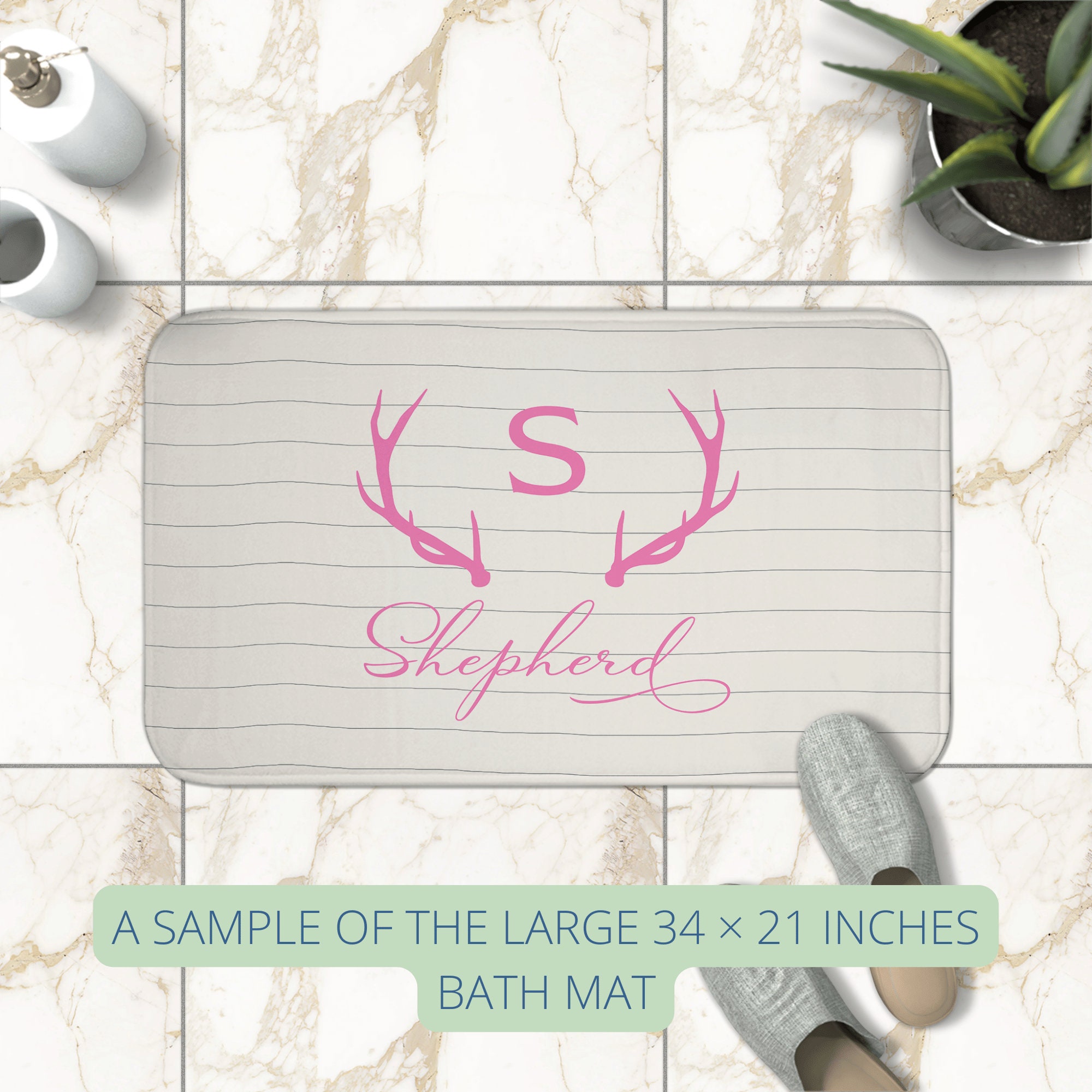 Monogrammed Bath Mat, Personalized Farmhouse Deer Horns Bath Mat ...