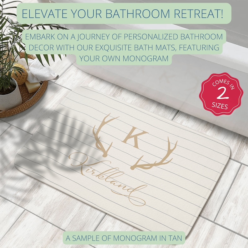 Monogrammed Bath Mat, Personalized Farmhouse Deer Horns Bath Mat ...