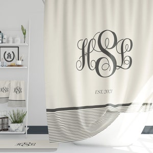 Personalized Bathroom Decor Set | Monogrammed Striped Farmhouse Shower Curtain, Bath Mat, Hand & Bath Towels | Custom Initials Bath Decor