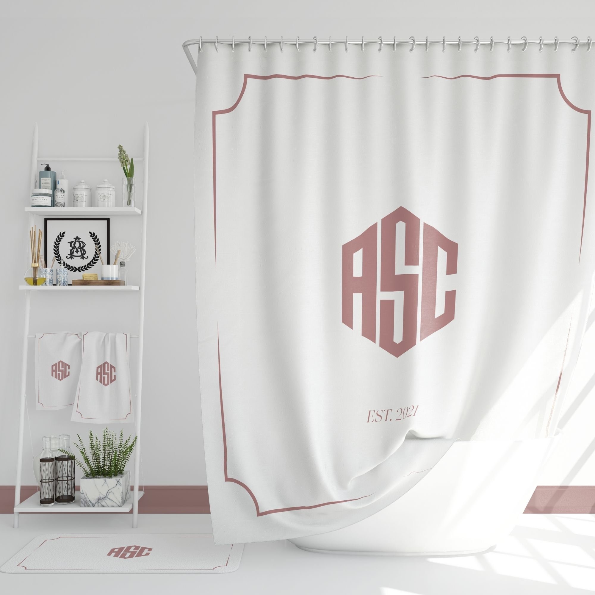Monogrammed Bathroom Decor Set | Personalized Shower Curtain, Bath Mat ...