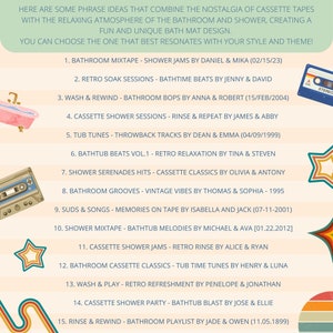 K&ouml;nnte beinhalten: Eine Liste mit 15 Ideen f&uuml;r Badezimmer-Duschmatten-Designs, jede mit einem einzigartigen Namen, K&uuml;nstler und Datum. Die Namen sind eine Kombination aus Badezimmer- und Duschthemen mit Retro-Kassetten. Die Liste befindet sich auf einem Hintergrund aus bunten Streifen und Sternen.
