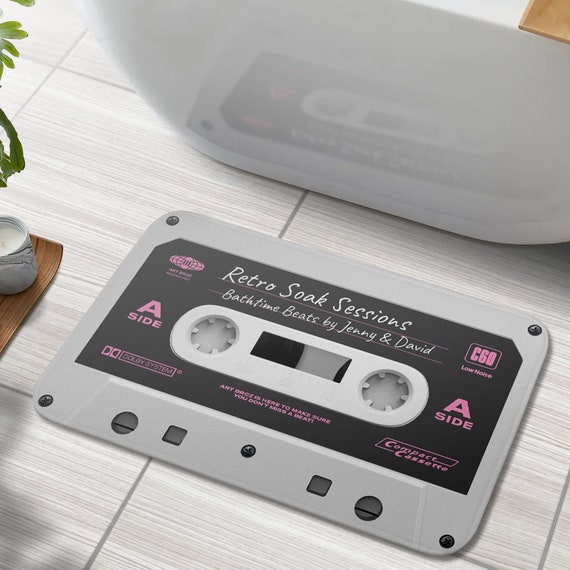 Retro Mixtape Bath Mat, Funny Bath Mat, Custom Bath Mat, Personalized Name or Message Audio Cassette Tape Bath Math, Cute Aesthetic Bath Rug