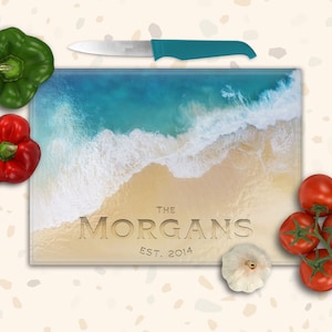 Personalized Ocean Beach Tempered Glass Cutting Board, Custom Monogram Kitchen Gift For Mom, Housewarming Gift, Anniversary Platter Gift