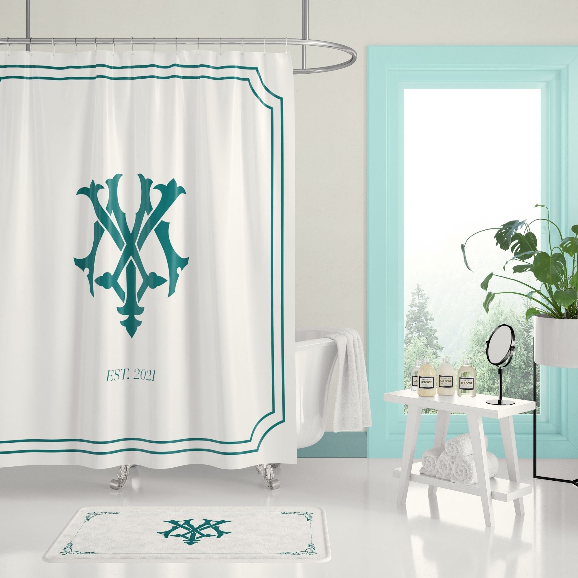 Personalized Bathroom Decor Set Monogrammed Shower Curtain, Bath Mat