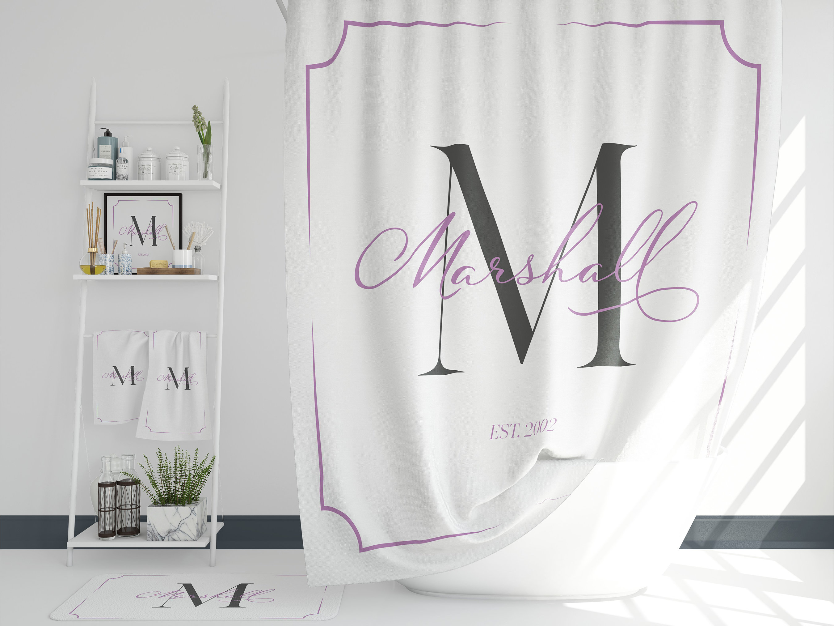 Personalized Bathroom Decor Set Monogrammed Shower Curtain, Bath Mat