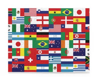 Könnte beinhalten: Ein rechteckiges Puzzle mit einer Collage von Nationalflaggen aus aller Welt. Die Flaggen sind in einem Raster angeordnet und zeigen eine Vielzahl von Farben und Designs. Ein unterhaltsames und lehrreiches Spiel.