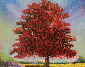 Crimson Maple Tree, Print of Oil Painting, Fall, Autumn Colors