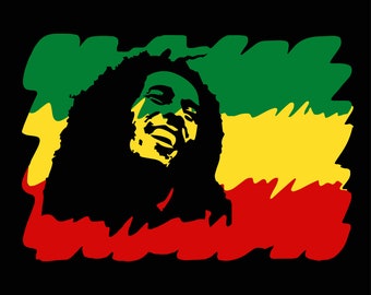 May include: A black and white silhouette of Bob Marley with a smiling face, set against a green, yellow, and red background. The colors are reminiscent of the Rastafarian flag.