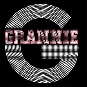 May include: Black graphic design featuring the word "GRANNIE" in pink, set within a large white rhinestone-studded letter "G". The design is on a black background, creating a striking contrast.