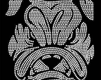 May include: A black and white graphic of a bulldog's face, created with white dots. The design features the dog's ears, eyes, nose, and mouth, all formed by the arrangement of the dots. The overall effect is a stylized, detailed illustration.