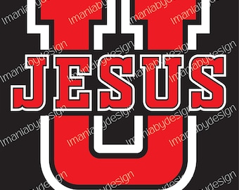 Peut inclure: Un design graphique rouge et blanc avec le mot "JESUS" en lettres grasses, soulignées de blanc. Les lettres sont sur un fond noir.