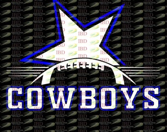 May include: A white star with a blue outline, a football, and the word "COWBOYS" in white letters with a blue outline. The background is black.