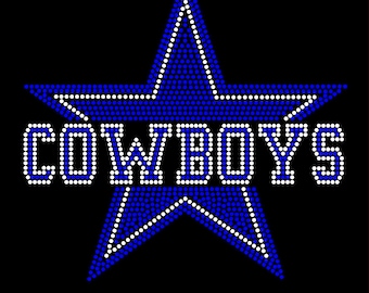 May include: A black graphic featuring a blue star with white dotted outlines and a blue dotted fill. The word "COWBOYS" is written in white dotted letters across the star.