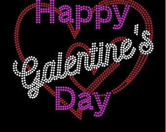 May include: Happy Valentine's Day in pink and red rhinestones with a heart shape.