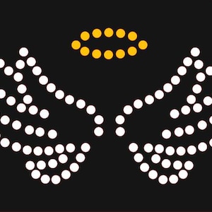 May include: A graphic design featuring angel wings and a halo made of white and yellow dots on a black background. The wings are symmetrical, with each wing composed of multiple rows of dots. The halo is a ring of yellow dots above the wings.