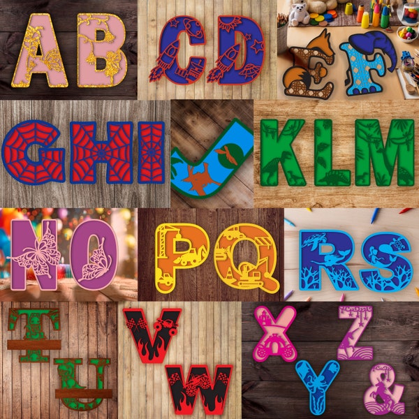 Pack Letras Archivos cortados con láser Archivo DXF Alphabet SVG,Letras en capas con láser y alfabeto svg para cricut.Wall Art Cad Letters