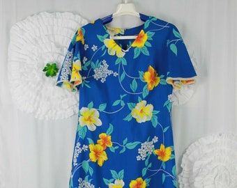 Vintage Made In Hawaii Blue Floral Hibiscus Mumu Dress Flutter Sleeve Size 10