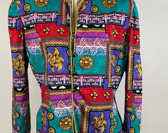 Adrianna Papell Vintage Baroque Multicolor Silk Button Front Jacket Top Size 14