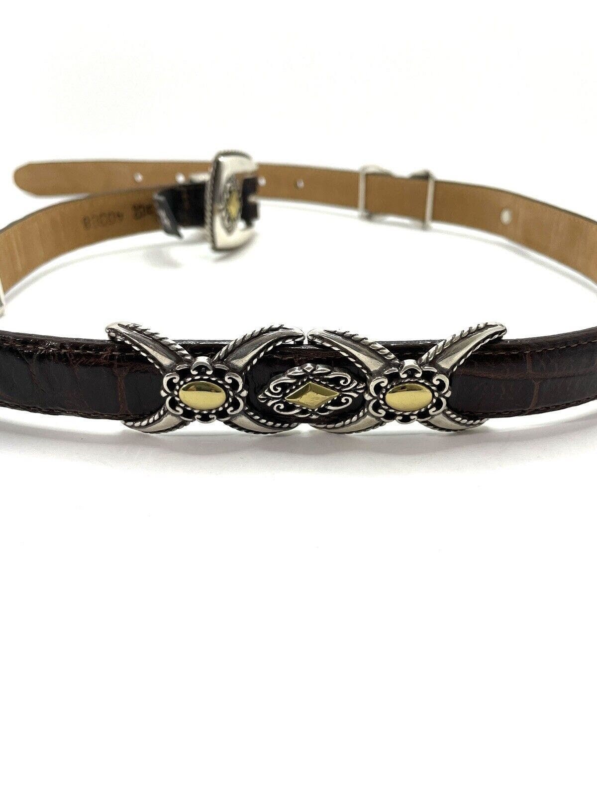 Brighton Belt #40388 Brown Leather Silver Gold Buckle Croc 