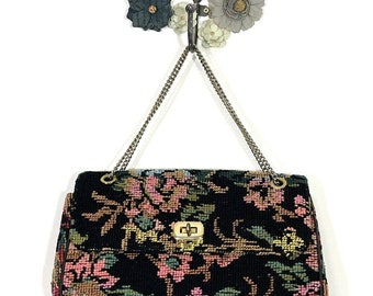 Vintage Tapestry Needlepoint Purse Handbag Black Floral Chain Turn Lock Closure