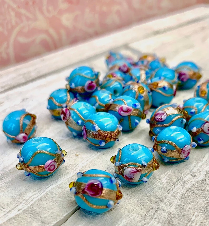 Opaque Aqua 10mm Lampwork Wedding Cake Bead Venetian Glass Bead Italian |Quantity 1