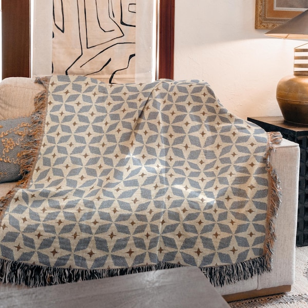 Couverture tissée en coton doux, étoiles géométriques bleues, décoration d'intérieur pour canapé, canapé-lit, art moderne du milieu du siècle, jeté 100 % coton, tenture murale, tapisserie