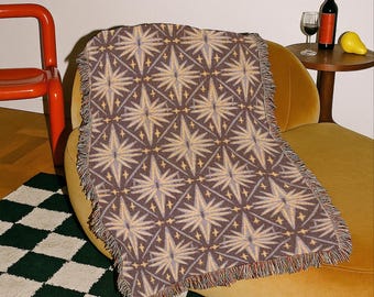 Manta tejida con diseño de estrella celestial, tapiz de pared, decoración celestial con explosión de estrellas púrpura y dorada, estética mística, manta para cama tamaño Queen