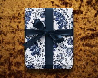 Holiday Gift Wrap Christmas Vacation Wrapping Paper with Illustrated Christmas Watercolor Toile Design Festive Blue Griswold Gift Wrap