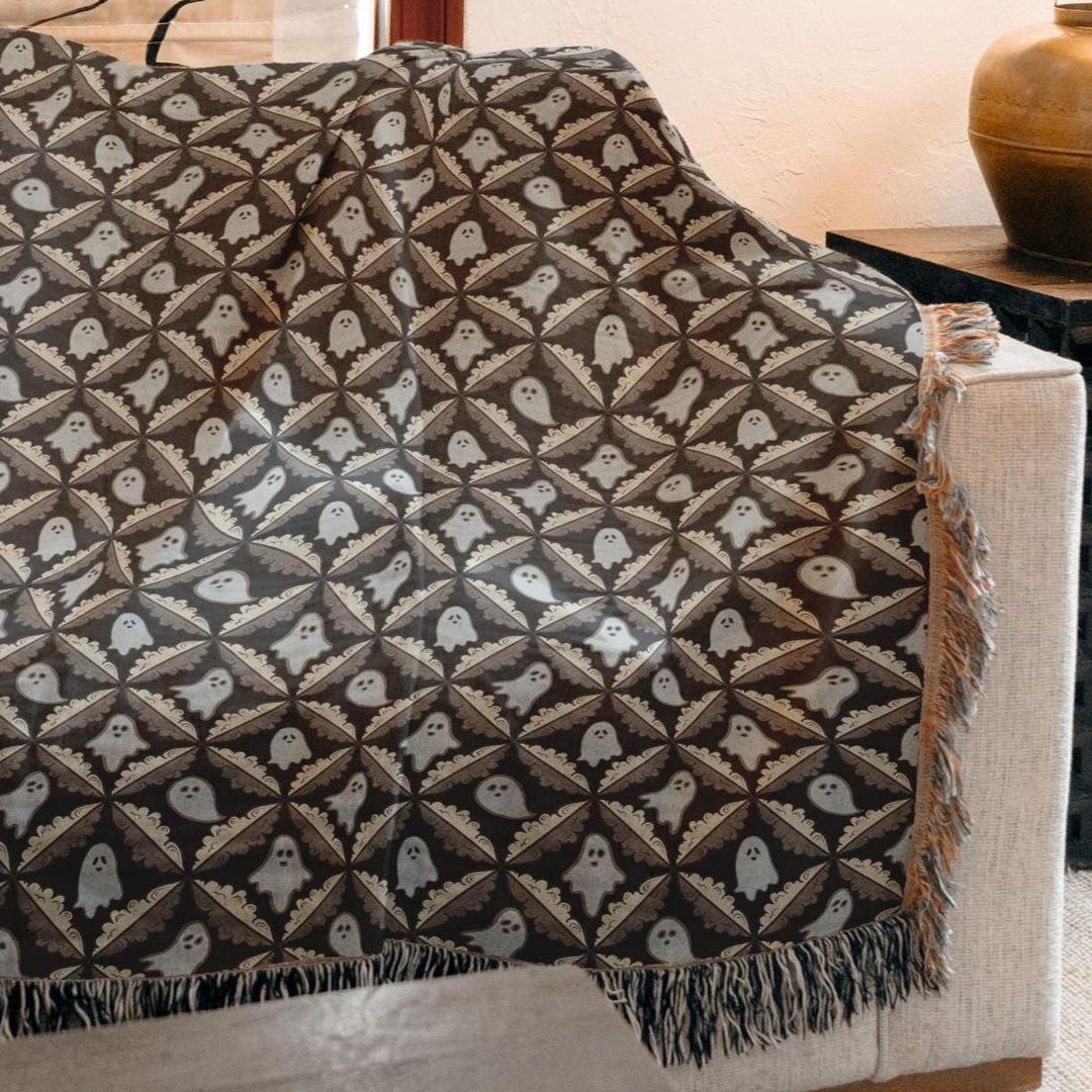 Soft Cotton Halloween Ghostly Woven Throw Blanket, Cute Halloween