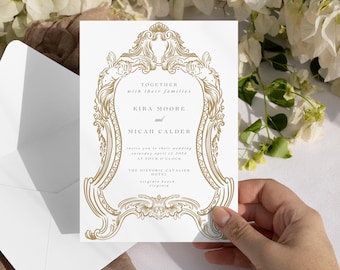 Tarjeta de invitación de boda con Toiles De Jouy / Estética para futuras novias / Diseño vintage imprimible / SVG personalizado dibujado a mano / Decoración de bodas / Pareja comprometida