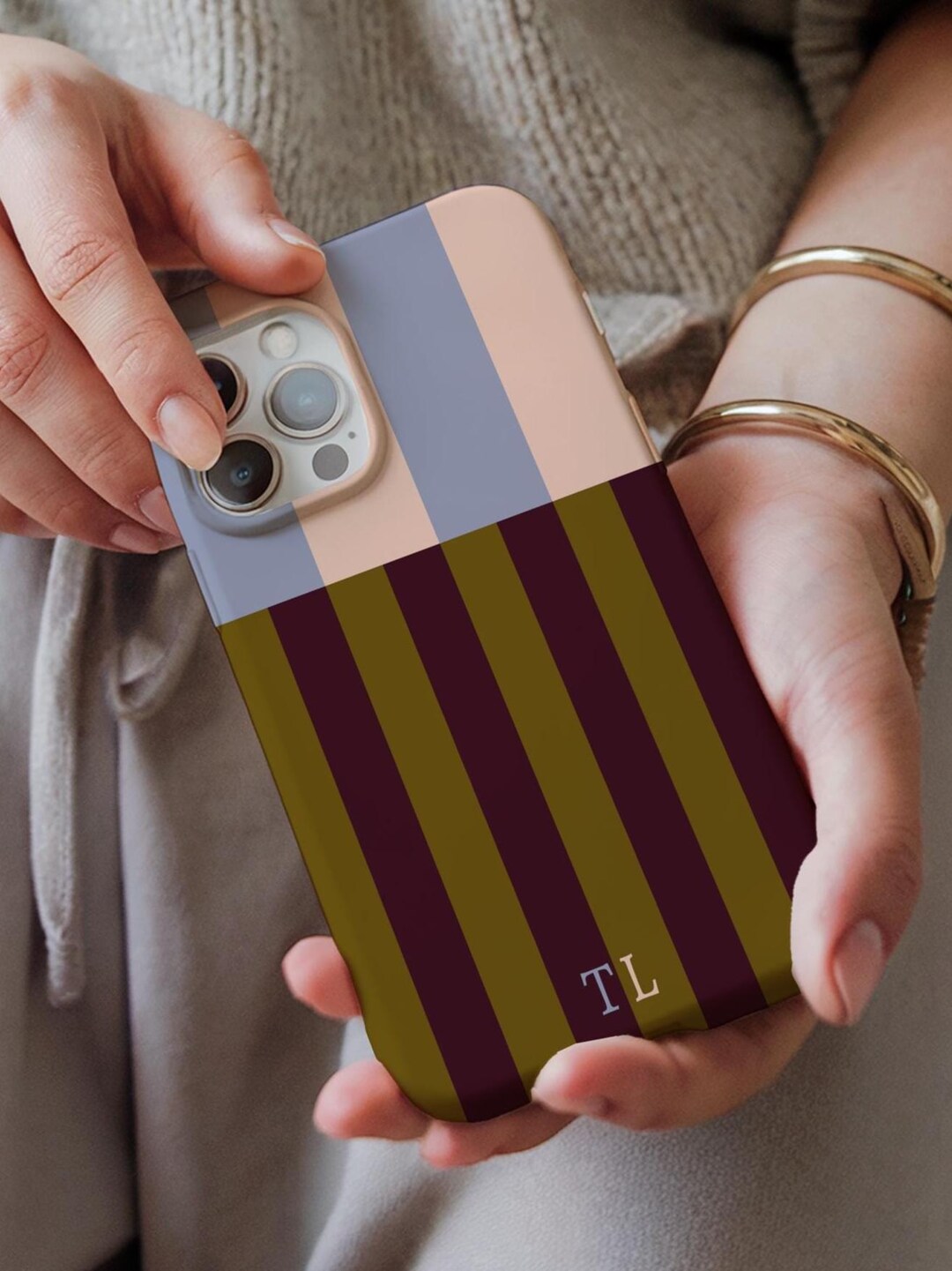 Personalized Stripe Phone Case Custom Initials, iPhone 17 16 15 14 13 ...