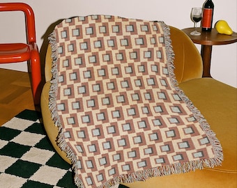 Manta de algodón tejida para decoración del hogar de estilo moderno de mediados de siglo, tapiz de pared MCM, diseño de patrón geométrico, regalo de inauguración de casa, funda para sofá.
