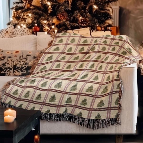 100% Cotton Woven Throw Blanket, Christmas Wall Art Tapestry, Green Christmas Aesthetic Gift Blanket Holiday Minimalist Home Decor Soft Gift